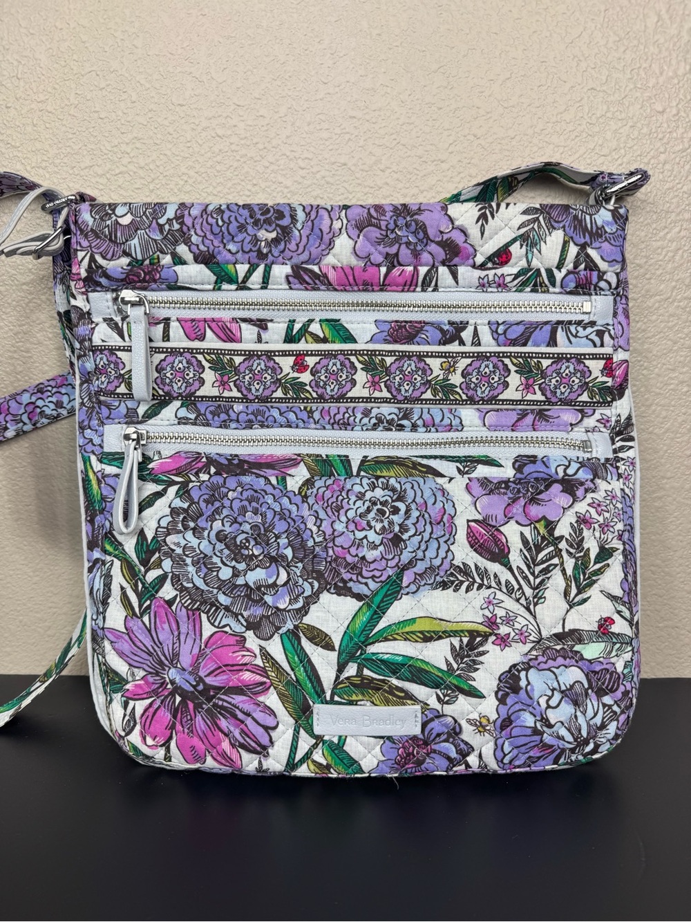 Vera Bradley Lavender Meadow Triple Zip Hipster Crossbody Bag hydrangea ladybug